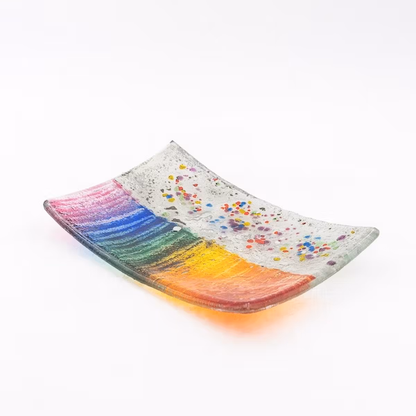 bandeja de cristal, vidrio artesanal, arcoiris