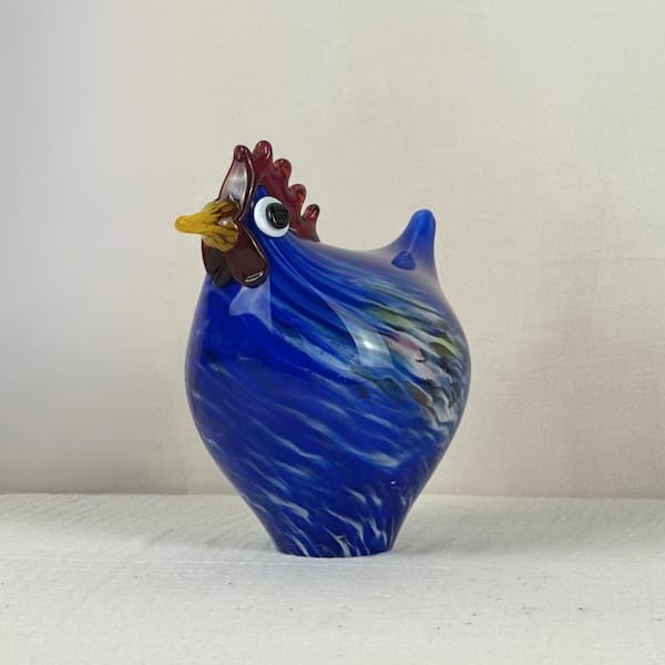Gallina azul de vidrio soplado, objeto decorativo espectacular