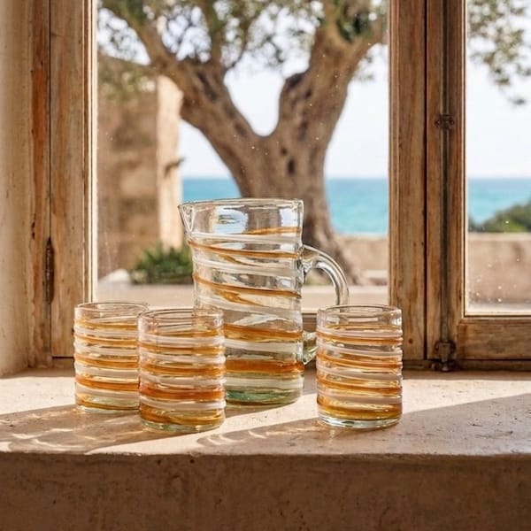 Lafiore Creative & Select Store Mallorca Vaso naranja y blanco con Jarra Naranja y blanco de la colección filat de lafiore vidrio soplado de Mallorca