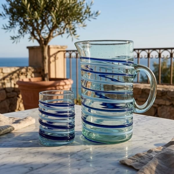 vaso azul y blanco con jarra azul y blanco de vidrio y cristal transparente